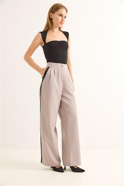Yanları Şeritli Yüksel Bel Palazzo Pantolon Gri