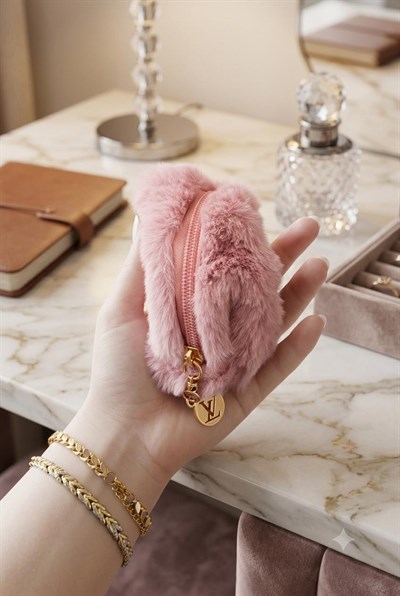 Kadın Peluş Tüylü 10X7 Ölçülü Mini Boy Makyaj Çantası Pembe