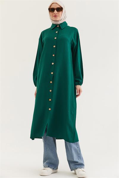 Keten Düğmeli Uzun Tesettür Tunik Yeşil