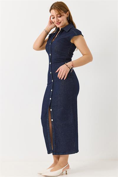 Kadın Drape Detaylı Likralı Midi Boy Denim Elbise Açık Lacivert