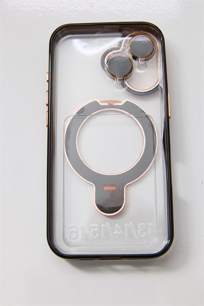 İphone 16 Plus Uyumlu Stand Tutucu Halka Şeffaf Telefon Kılıfı Turuncu