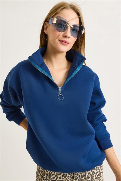 Kadın Yaka Fermuarlı 2 İplik Sweatshirt Lacivert