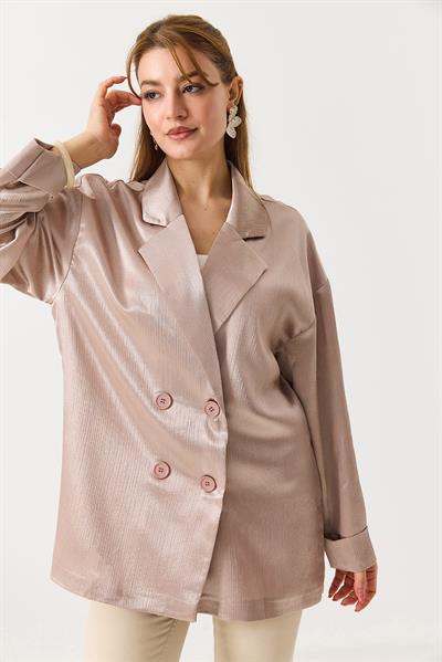 Kadın  Kruvaze Yaka Saten Oversize Blazer Ceket Pudra