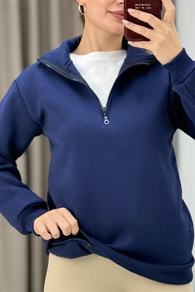 Kadın Lacivert Yarım Fermuarlı Üç İplik Sweat 