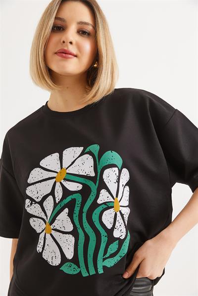 Baskılı Bisiklet Yaka Tshirt Siyah