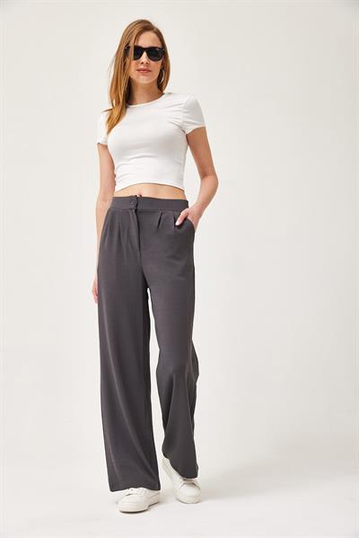 Yüksek Bel Cepli Palazzo Pantolon Füme