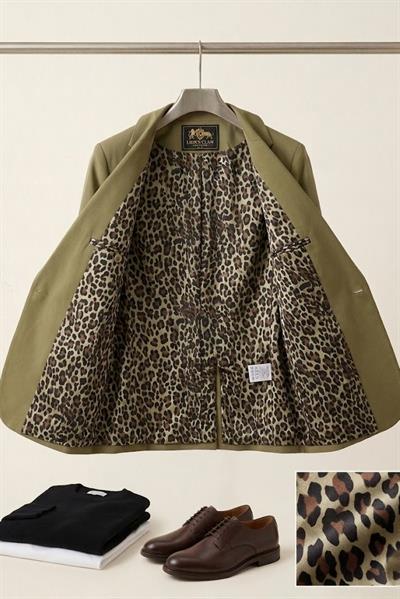 Kadın İç Astarı Leoparlı Tek Düğmeli Ceket Haki