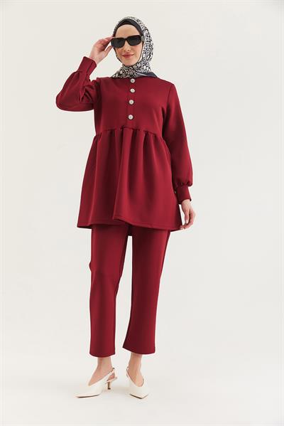 Taş Düğmeli Scuba İkili Takım Bordo