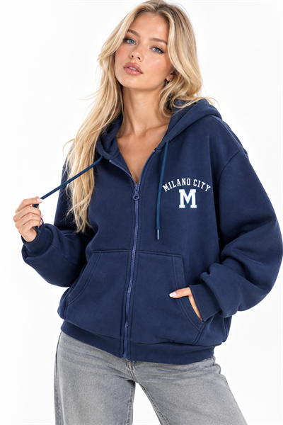 Kadın Milano City Baskılı Fermuarlı Kapüşonlu Oversize Sweatshirt Lacivert