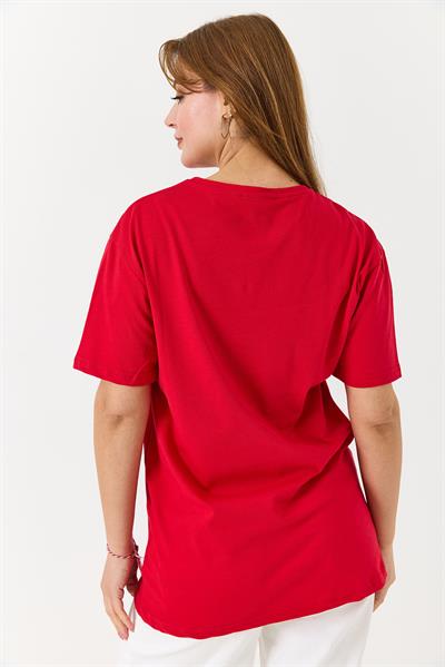 Kadın Bisiklet Yaka Baskısız Düz Bisiklet Yaka Tshirt Kırmızı