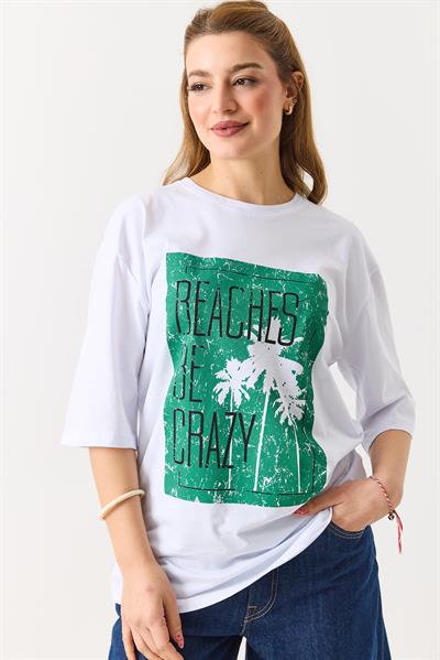 Kadın Baskılı Bisiklet Yaka Kısa Kol Tshirt Beyaz