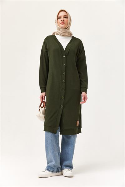 Düğmeli Triko Uzun Hırka Yeşil