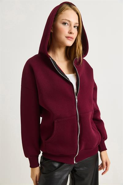 Kadın Oversize Kapüşonlu Fermuarlı Hırka Bordo