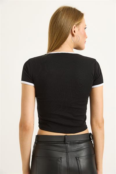 Bisiklet Yaka Nakışlı Crop Tshirt Siyah