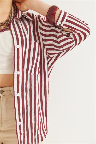 Tek Cepli  Çizgi Desenli Oversize  Gömlek Bordo