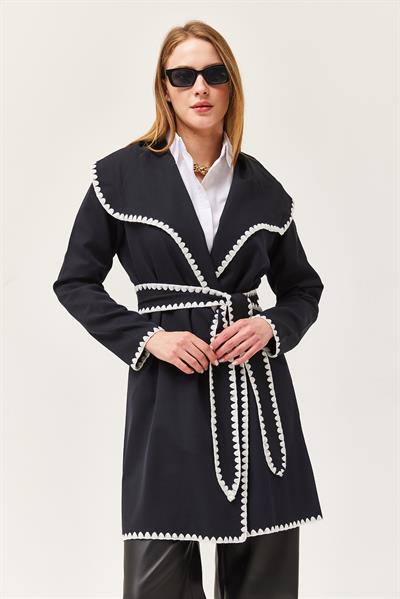 Çoban Dikişli Kuşaklı Hırka Siyah