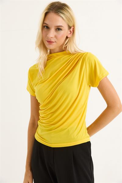 Kısa Kol Büzgülü Bisiklet Yaka Bluz Sarı