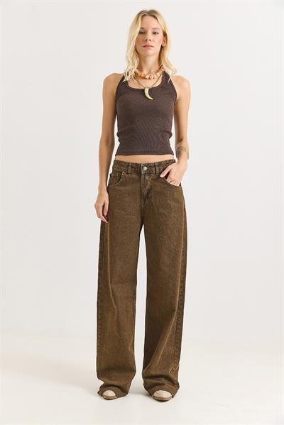 Kadın Bol Kesik Paça Şık Kot Pantalon  Kahverengi