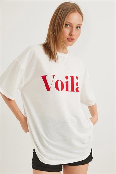 Voila Baskılı Oversize İki İplik Tshirt Beyaz
