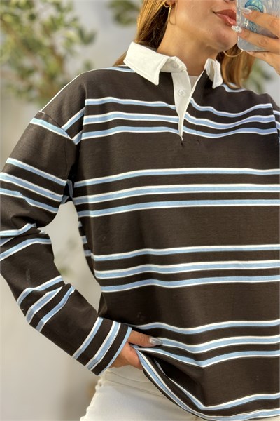 Kadın Çizgili Polo Yaka Sweatshirt Kahverengi