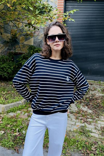 Kadın Çizgili Lacivert Sweat Şardonsuz 3 iplik