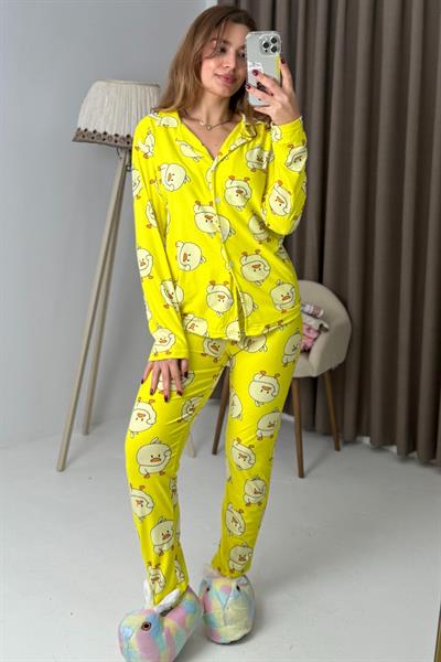 Sarı Civciv Desenli Düğmeli Polo Yaka Pamuklu Pijama Takımı