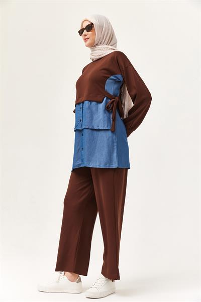 Kot Garnili Bağlamalı İkili Takım Kahverengi