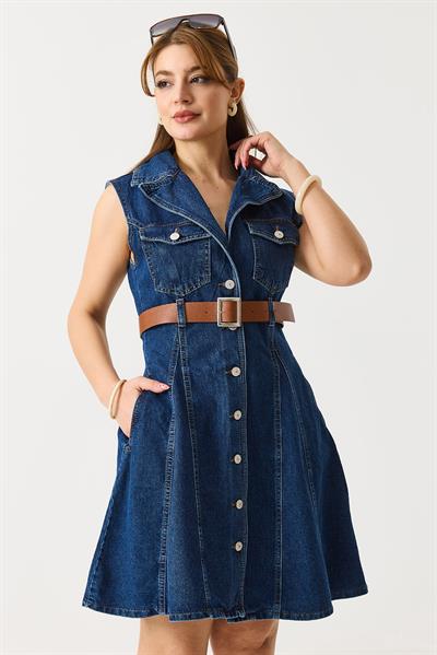 Kemerli Önden Düğmeli Kolsuz Denim Elbise Lacivert
