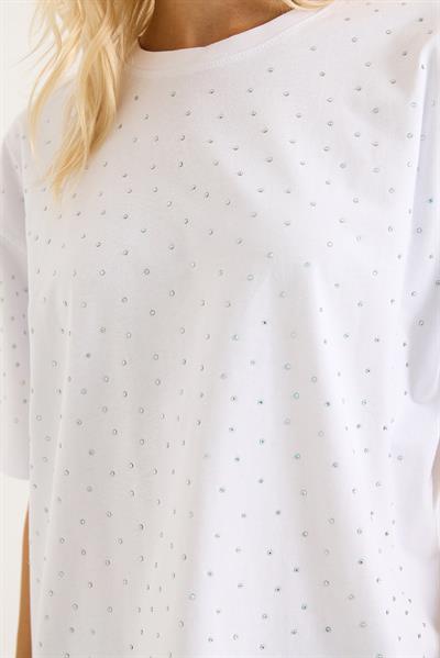 Taşlı Oversize Beyaz Tshirt