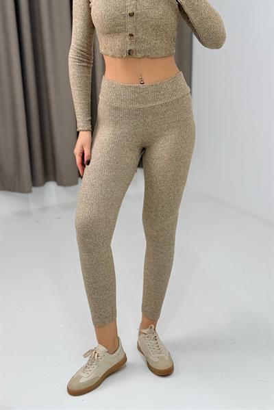 Kadın Düğmeli Crop Tayt İkili Fitilli Takım Vizon