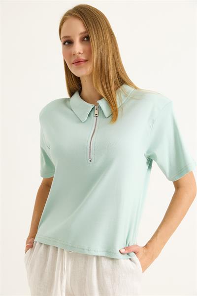 Polo Yaka Yarı Fermuarlı  Kadın Tshirt Yeşil