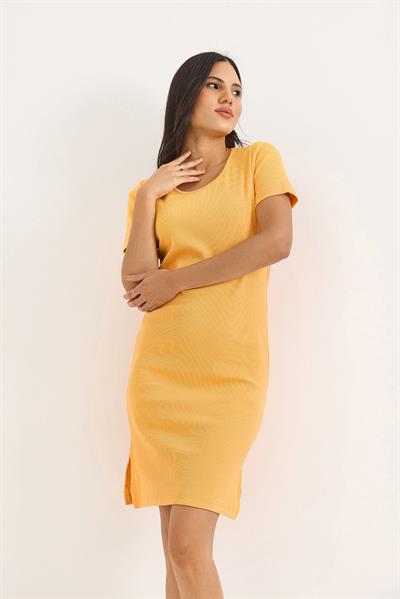 Kısa Kol Bisiklet Yaka Yırtmaç Detaylı Midi Elbise Sarı