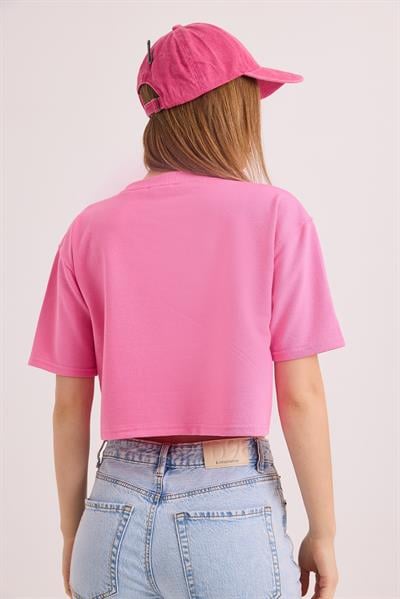 Bisiklet Yaka İki İplik Crop Bluz Pembe