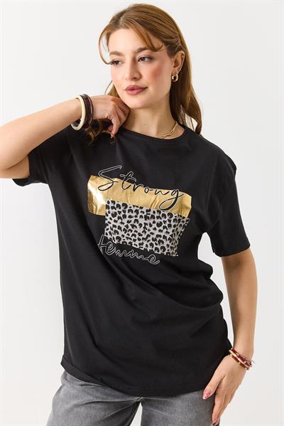 Kadın Bisiklet Yaka Baskılı Kısa Kol Tshirt Siyah