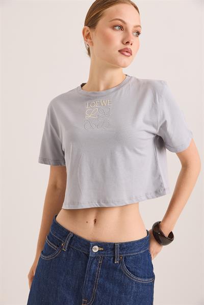 Nakışlı Örme Pamuk Crop Tshirt Gri