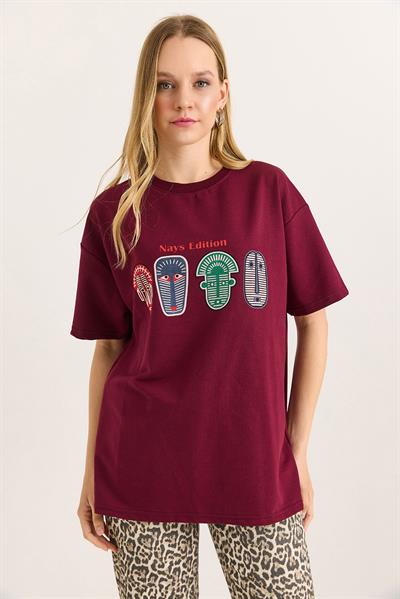 Baskılı Oversize Tshirt Bordo
