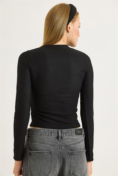 Kadın Ottoman Bisiklet Yaka Taşlı Bluz Siyah