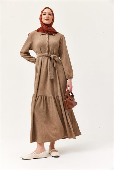 Yarım Düğmeli Beli Kuşaklı Elbise Vizon
