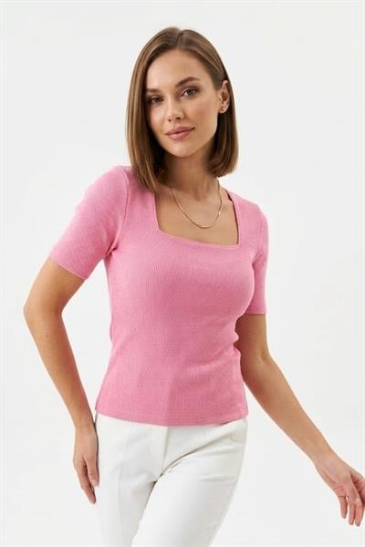 Kadın Kare Yaka Kaşkorse Crop Bluz Pembe