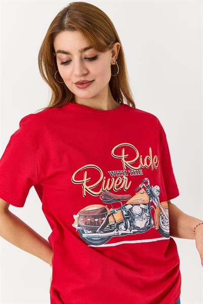 Kadın Bisiklet Yaka Motor Baskılı Tshirt Kırmızı