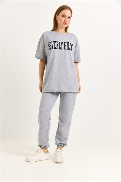 Baskı Detaylı Örme İkili Eşofman Takımı Gri