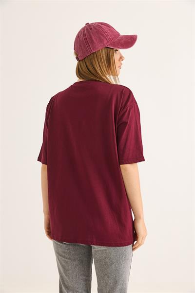 Bisiklet Yaka Taş Detaylı Cepli Tshirt Bordo