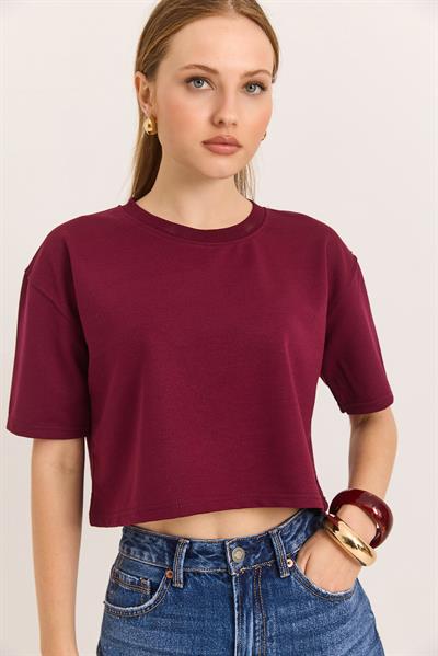 Bisiklet Yaka Havalı Crop İki İp Tshirt Bordo