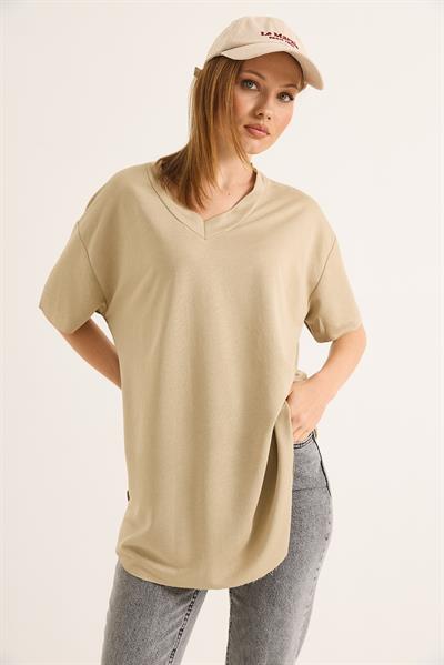 V Yaka Arkası Uzun Basic Tshirt Vizon