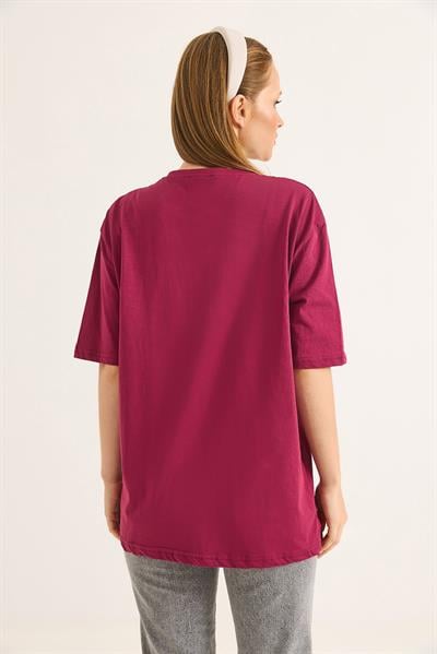 Ayıcık Nakışlı Rahat Kalıplı Tshirt Bordo