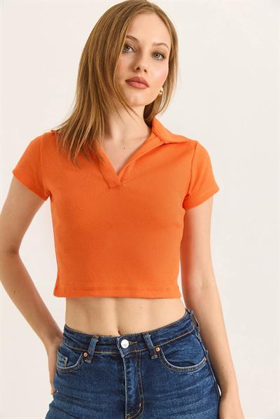 Polo Yaka Basıc Kısa Kollu Örme Kaşkorse Crop Bluz Portakal