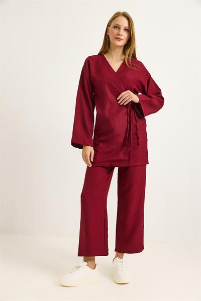 Yandan Bağlamalı Kimono Pantolon İkili Takım Bordo