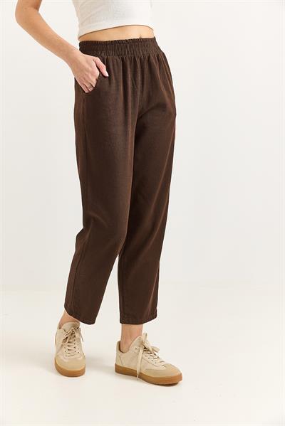 Kadın Elastan Kemerli Mom Pantalon Kahverengi