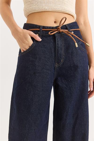 Kadın Deri Kemerli Bol Paça Kot Pantalon  Lacivert