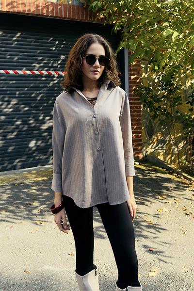 Kadın Çizgili Oversize Saten Süet Yumuşak Dokulu Gömlek Vizon
